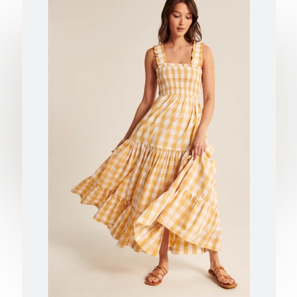Abercrombie & Fitch Plaid Maxi Dress Yellow White Picnic Long Ruffle Small